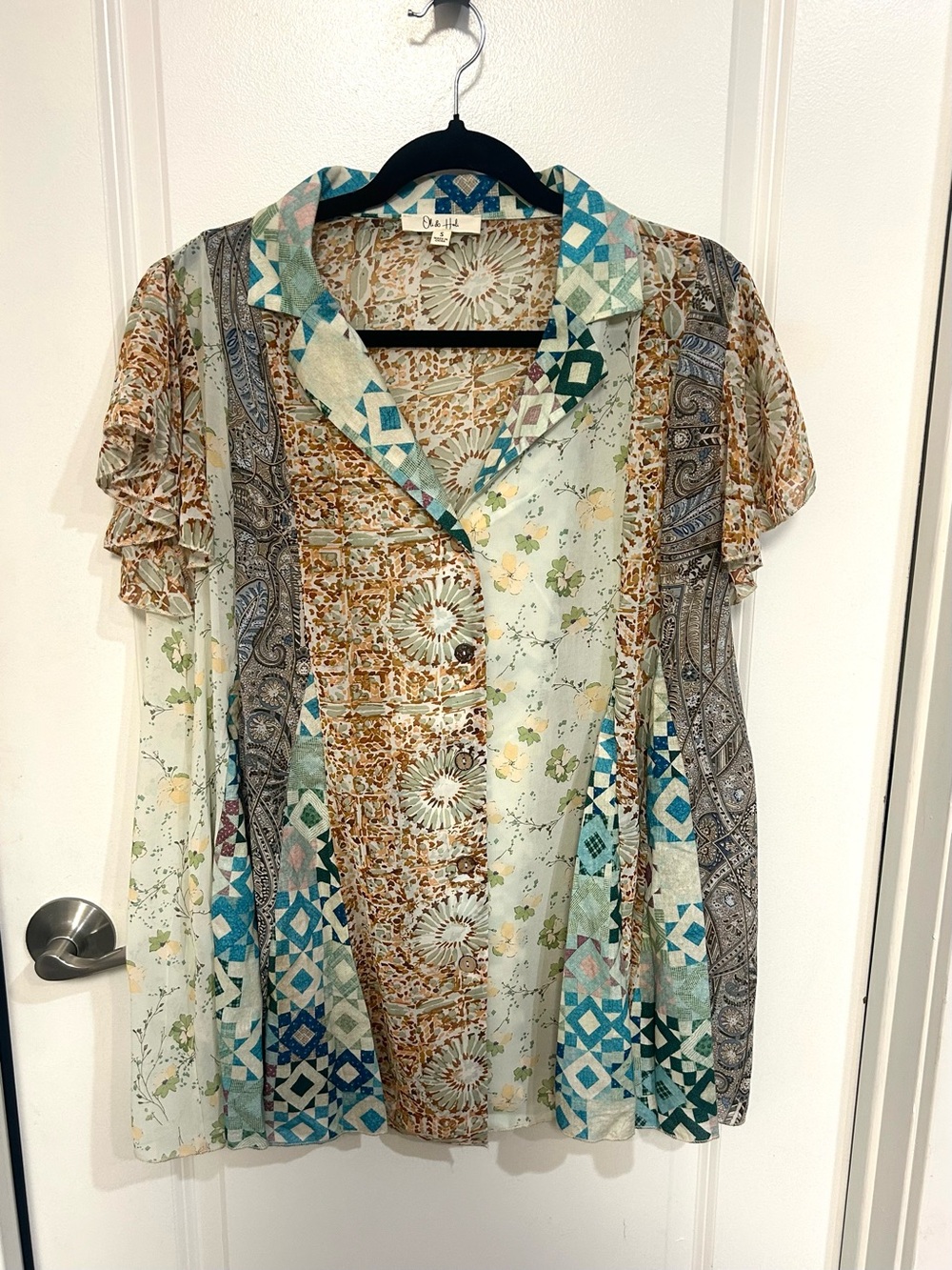 Oli & Hali Patchwork Floral Button-Front Top in Cream, Teal, Brown